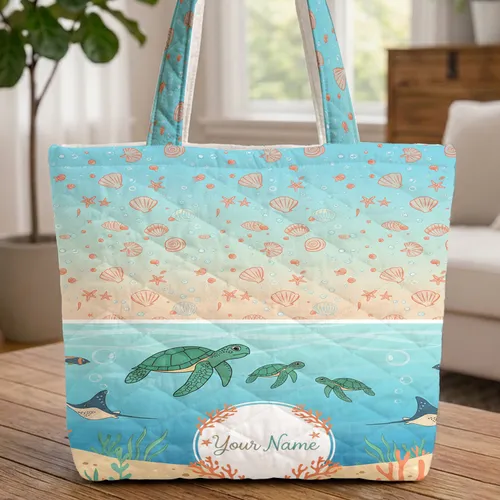 Sea Turtle Starfish Coral Wreath Name Everyday Carry Gift Quilted Tote Bag