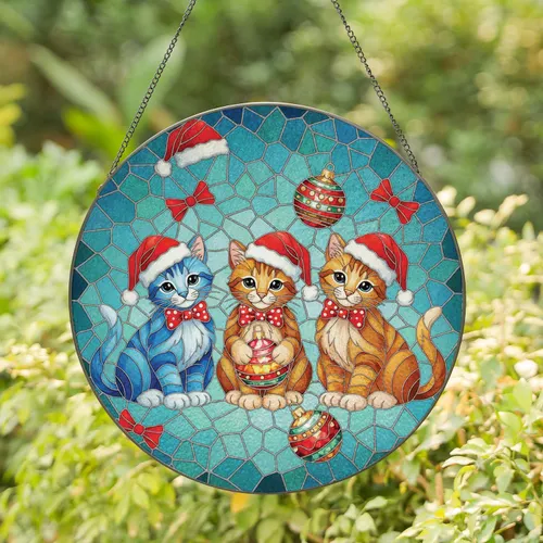 Three Kittens Santa Hat Christmas Ornament - Christmas Gift for Kitten Lover Stained Glass Suncatcher