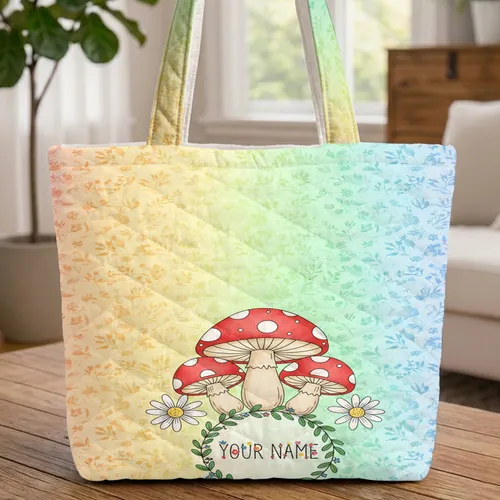 Red Polka Dot Mushroom Daisy Rainbow Floral Wreath - Everyday Carry Gift Quilted Tote Bag