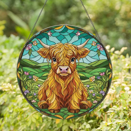 Baby Highland Cow Green Hills Floral - Farmhouse Home Decor Gift for Cow Lover Stained Glass Suncatcher