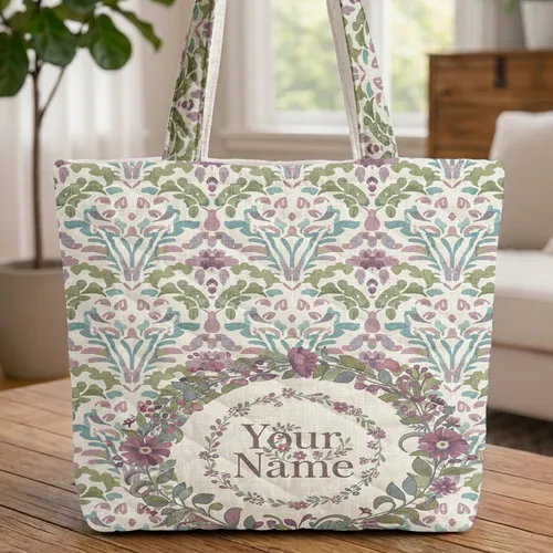Ornate Botanical Wreath Trailing Organic Teardrop Floral Frame Tapestry - Market Day Essential Gift Quilted Tote Bag