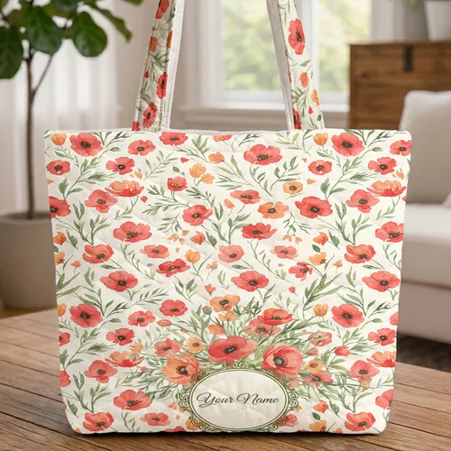 Red Orange Floral Poppies Name Medallion - Everyday Carry Gift Quilted Tote Bag