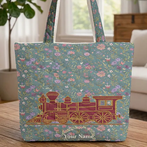 Vintage Steam Locomotive Wildflower - Everyday Carry Gift for Train Lover Quilted Tote Bag