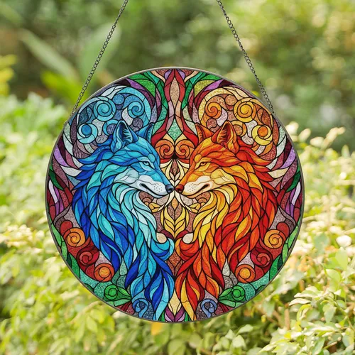 Wolf Heads Heart Mosaic Stained Glass - Cool Warm Tone Tiffany Jewel Tones Home Decor Gift Stained Glass Suncatcher