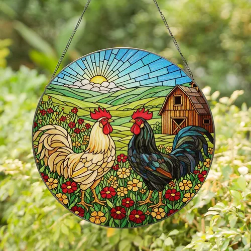 Stained Glass Roosters Rustic Barn Wildflowers - Farmhouse Decor Gift for Rooster Lover Stained Glass Suncatcher