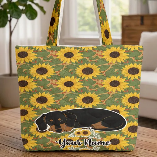 Sleeping Dachshund Sunflower Wreath Everyday Carry Gift for Dachshund Lover Quilted Tote Bag
