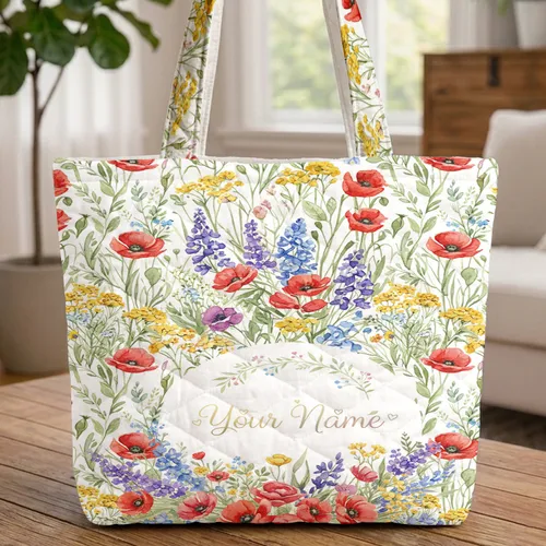 Poppies Delphiniums Lupines Floral Arrangement Wildflower Meadow Wreath Everyday Carry Gift Quilted Tote Bag