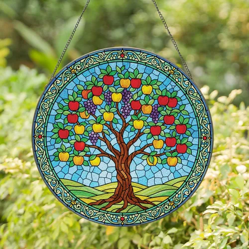 Glowing Translucent Stained Glass Fruit Tree Apples Grapes Mosaic Sky Landform Home Decor Gift Stained Glass Suncatcher