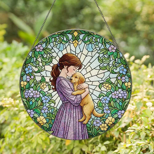 Young Girl Cradling Puppy, Blooming Flowers Lush Foliage Luminous Sky - Dog Lover Gift Stained Glass Suncatcher