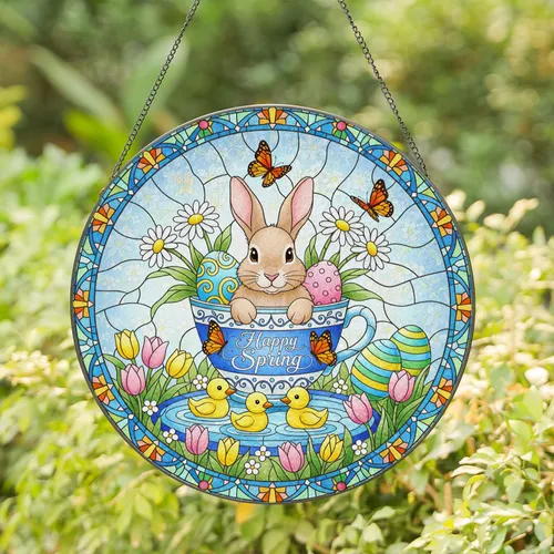 Bunny Teacup Ducklings Spring - Easter Home Decor Gift for Spring Lover Stained Glass Suncatcher
