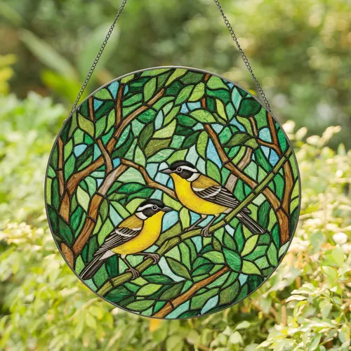 Yellow Warblers Birds Perched Foliage - Home Decor Gift for Bird Lovers Stained Glass Suncatcher