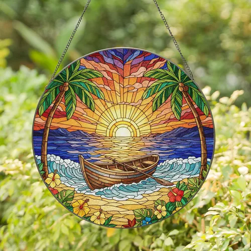 Dramatic Ocean Sunset Rowboat Beach Palm Trees - Home Decor Gift for Ocean Lover Stained Glass Suncatcher
