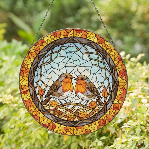 European Robins Perched Nest Autumn Leaves - Wildlife Lover Home Decor Gift Stained Glass Suncatcher