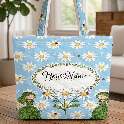 Personalized Daisies Ladybugs Floral Name Sky Blue Everyday Carry Gift Quilted Tote Bag