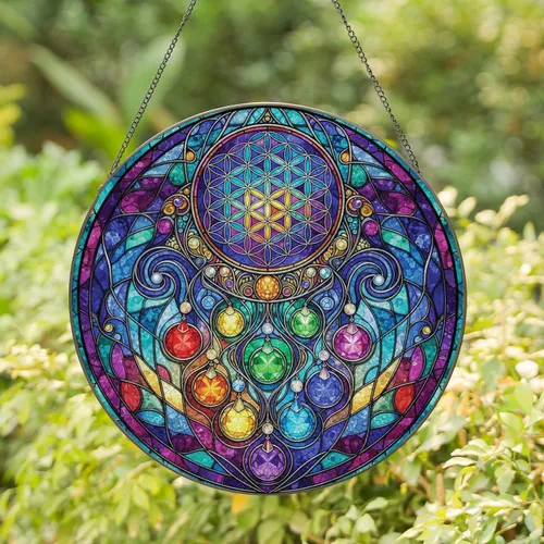 Stained Glass Flower of Life Crystal Ball Rainbow Light Refraction - Home Decor Gift Stained Glass Suncatcher