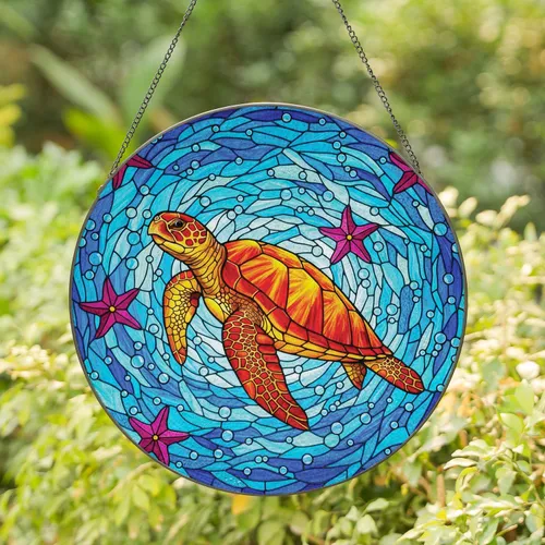 Sea Turtle Starfish Underwater Seascape - Home Decor Gift for Turtle Lover Stained Glass Suncatcher