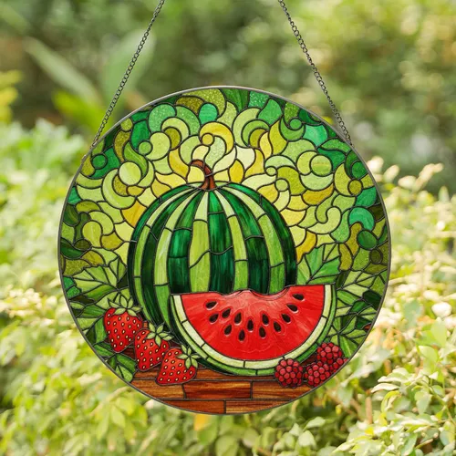 Watermelon Strawberry Raspberry Rustic - Fruit Lover Home Decor Gift Stained Glass Suncatcher