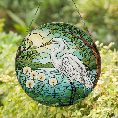 Great White Egret Dandelion Moon - Home Decor Wildlife Gift Stained Glass Suncatcher