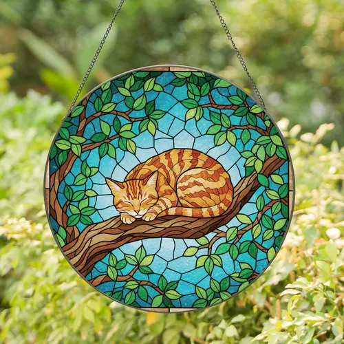 Sleeping Orange Tabby Cat on Tree Branch with Green Leaves - Home Decor Gift for Cat Lovers Stained Glass Suncatcher