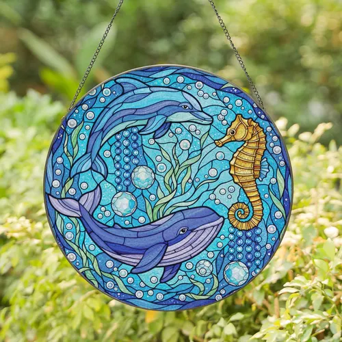 Dolphin Whale Seahorse Ocean Currents Home Decor Gift for Ocean Lover Stained Glass Suncatcher