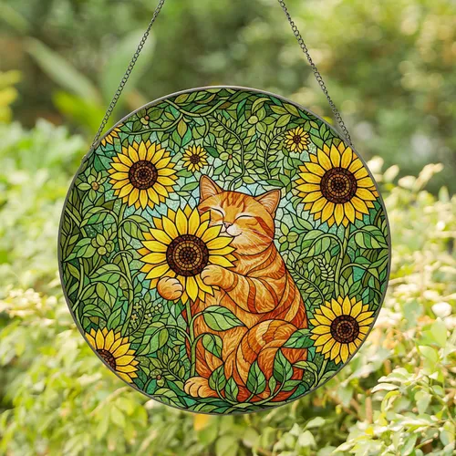 Fluffy Orange Tabby Cat Sunflower Garden Sun Moon - Home Decor Gift Stained Glass Suncatcher