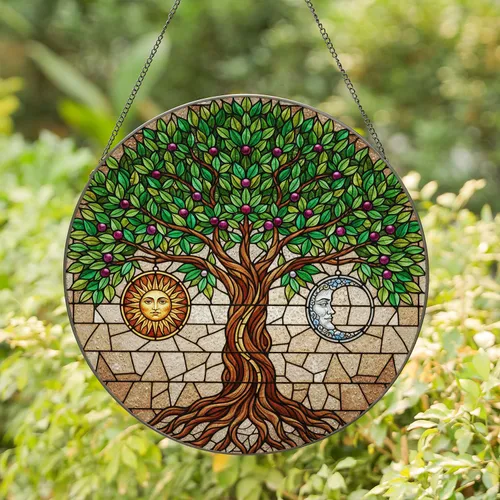Gnarled Tree of Life Sun Moon Leaves Fruits Stained Glass Mosaic - Home Decor Gift Stained Glass Suncatcher