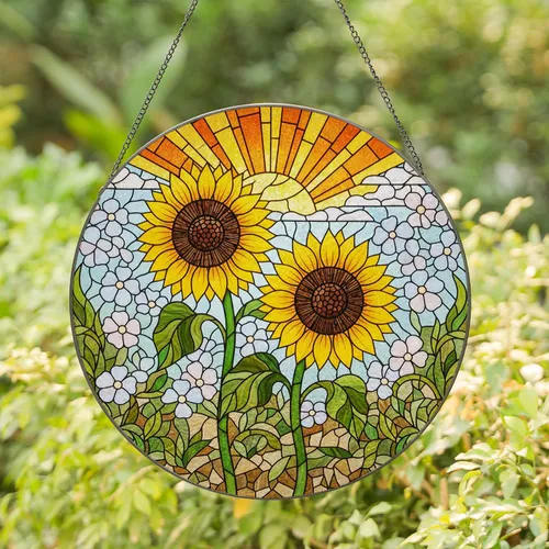Sunflowers Floral Sun Sky Ground - Home Decor Gift for Flower Lover Garden Enthusiast Stained Glass Suncatcher
