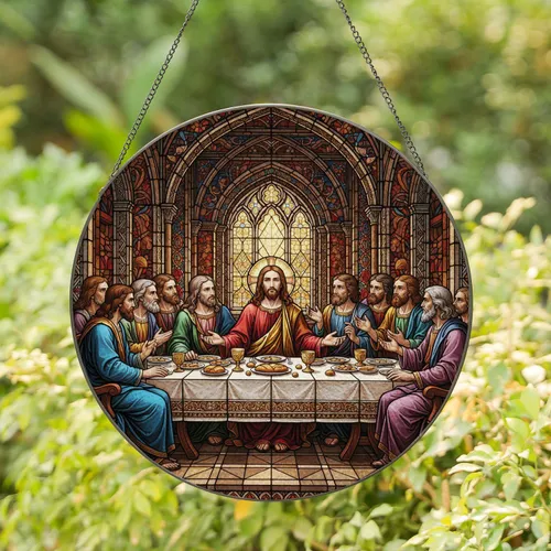 Jesus Christ Twelve Disciples Chalices Bread Scene - Religious Home Decor Gift Stained Glass Suncatcher