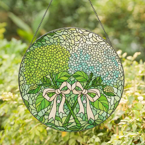 Hydrangea Bloom Leaf Bow Pearl Bud Forest Canopy Cloud - Home Decor Gift Stained Glass Suncatcher