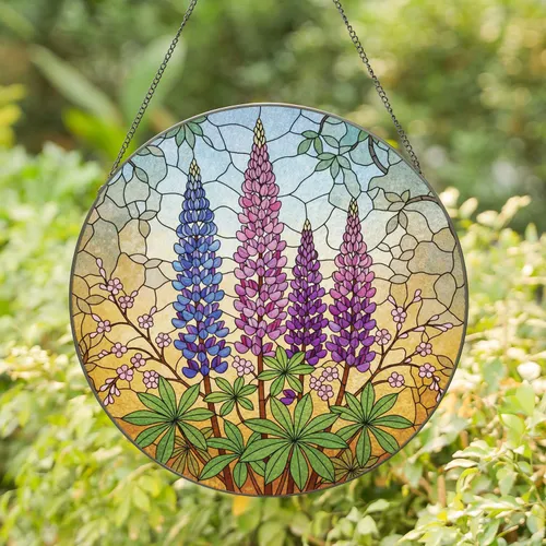 Lupine Flower Spikes Green Leaves Pink Blossoms Floral - Home Decor Gift for Garden Lover Stained Glass Suncatcher