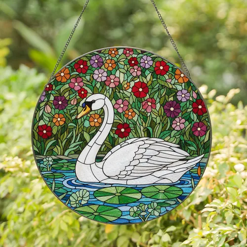 White Swan Blooming Garden Pond Lily Pads Flowers - Home Decor Gift for Wildlife Lover Stained Glass Suncatcher