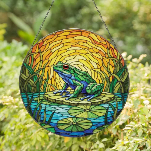 Red Eye Frog Lily Pad Water Landscape - Wildlife Lover Home Decor Gift Stained Glass Suncatcher