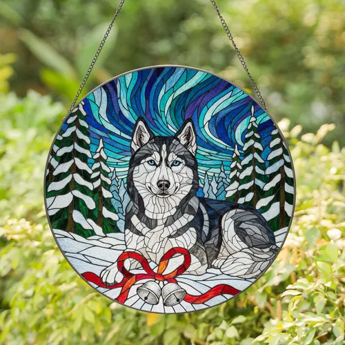 Husky Dog Winter Forest Northern Lights Christmas Gift for Husky Lover Stained Glass Suncatcher