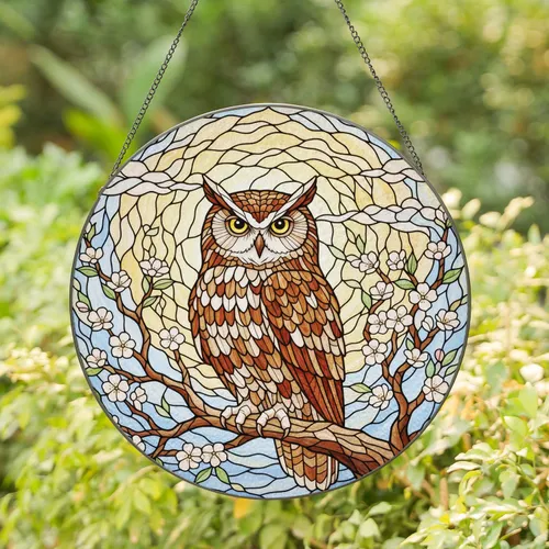 Stained Glass Majestic Owl Translucent Flowering Branches Sky - Home Decor for Nature Lovers Stained Glass Suncatcher