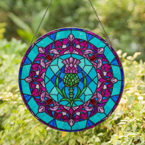 Tiffany Glass Scottish Thistle Floral Border Geometric Mosaic - Nature Lover Home Decor Gift Stained Glass Suncatcher