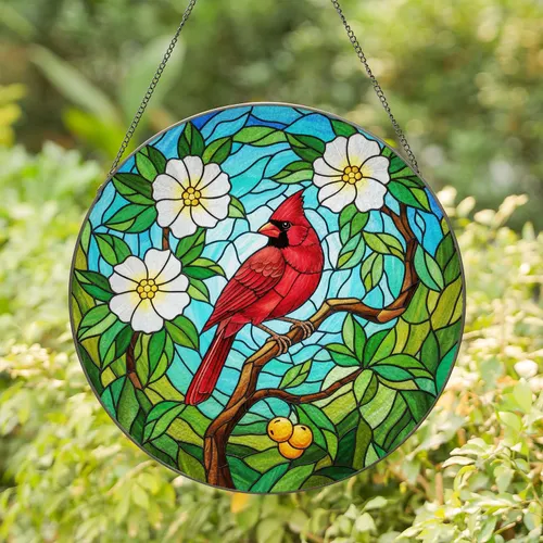 Red Cardinal Bird White Flowers Green Leaves Berries - Bird Lover Home Decor Gift Stained Glass Suncatcher