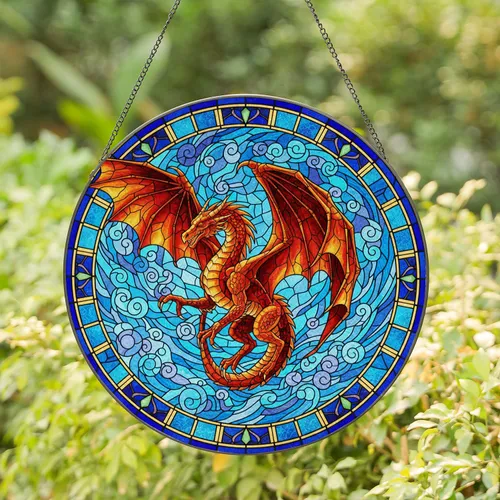Flying Dragon Outstretched Wings Circular Frame - Home Decor Gift Dragon Lover Stained Glass Suncatcher