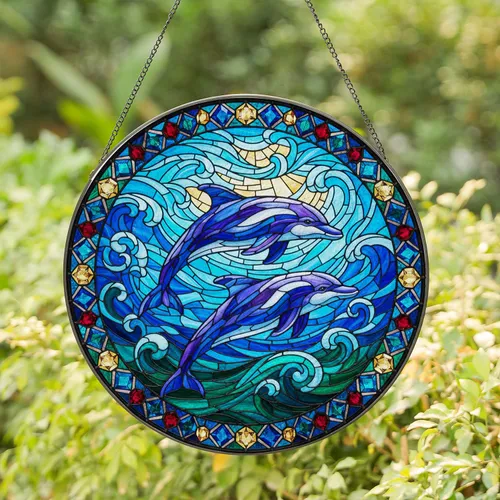 Dolphins Leaping Ocean Stained Glass - Home Decor Gift for Ocean Lover Stained Glass Suncatcher