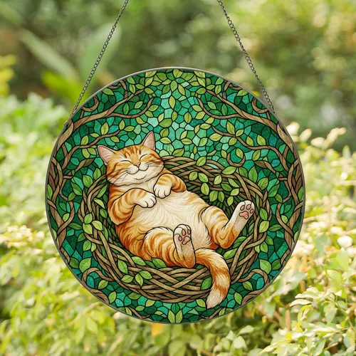 Contented Orange White Tabby Cat Sleeping - Forest Garden Home Decor Gift Stained Glass Suncatcher