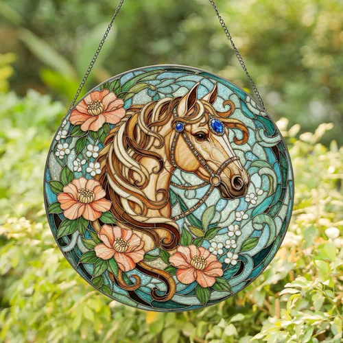 Majestic Horse Head Jewel Peach Flower Foliage Swirling - Home Decor Gift Horse Lover Stained Glass Suncatcher