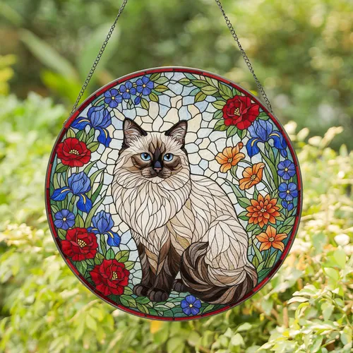 Ragdoll Cat Piercing Eyes Blooming Flowers Lush Leaves - Home Decor Gift Cat Lover Stained Glass Suncatcher