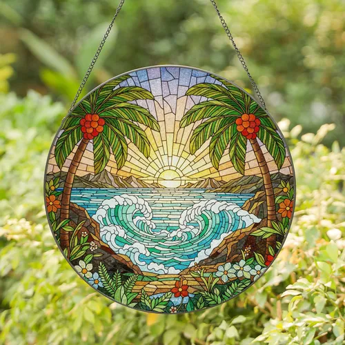 Tropical Seascape Palm Trees Sunset Sky Crashing Waves Islands - Home Decor Gift Stained Glass Suncatcher