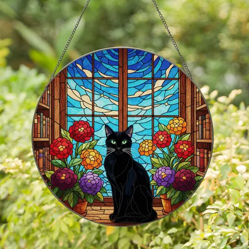 Sleek Black Cat Stained Glass Window Plants Bookshelves Home Decor Gift for Cat Lover Stained Glass Suncatcher
