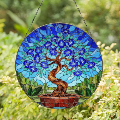 Gnarled Bonsai Tree Blue Trumpet Flowers Stained Glass Home Decor Gift Stained Glass Suncatcher