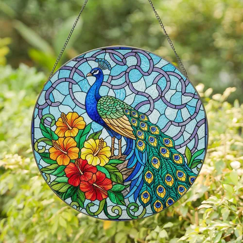 Majestic Fanned Tail Peacock Tropical Flowers - Home Decor Wildlife Lover Gift Stained Glass Suncatcher