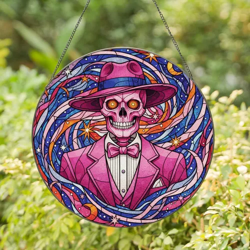 Pink Skull Dapper Skeleton Fedora Tuxedo Rib Bones Celestial - Interior Window Decor Gift Stained Glass Suncatcher