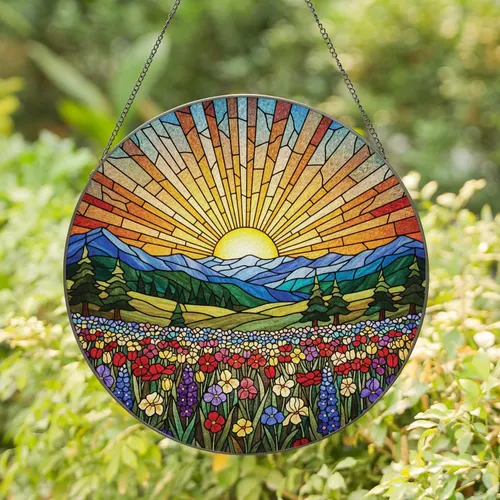 Rolling Mountain Ranges Irises Tulips Delphinium Sun Landscape - Home Decor Gift Stained Glass Suncatcher