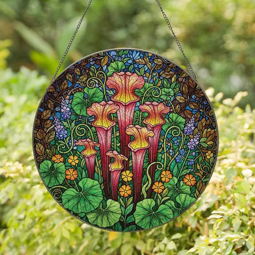 Pitcher Plants Wildflowers Green Foliage Botanical Forms - Home Decor Gift for Plant Lover Stained Glass Suncatcher