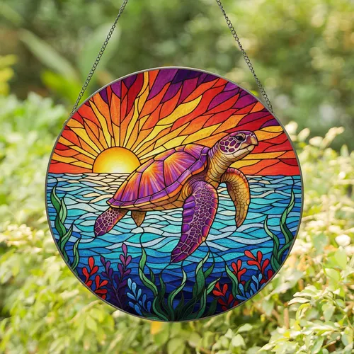 Stained Glass Sea Turtle Purple Orange Shell Sunset Ocean Waves - Ocean Lover Gift Stained Glass Suncatcher