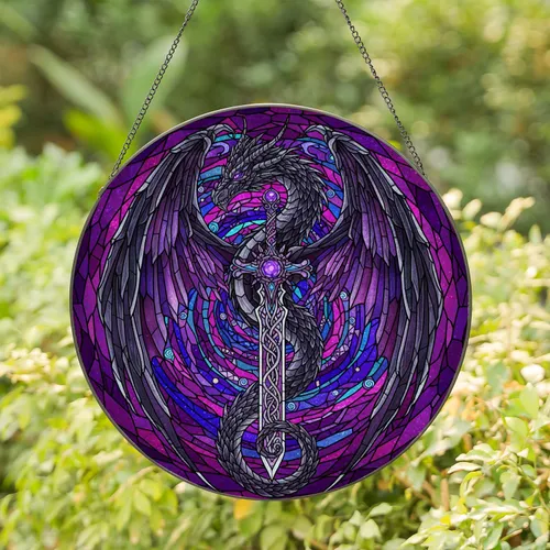 Dark Dragon Fantasy Sword Celestial Vortex - Home Decor Gift for Fantasy Lover Stained Glass Suncatcher